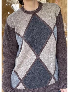 90s Geoffrey Beene Brown Tan Grey Argyle Crewneck Sweater Casual Preppy Knit L